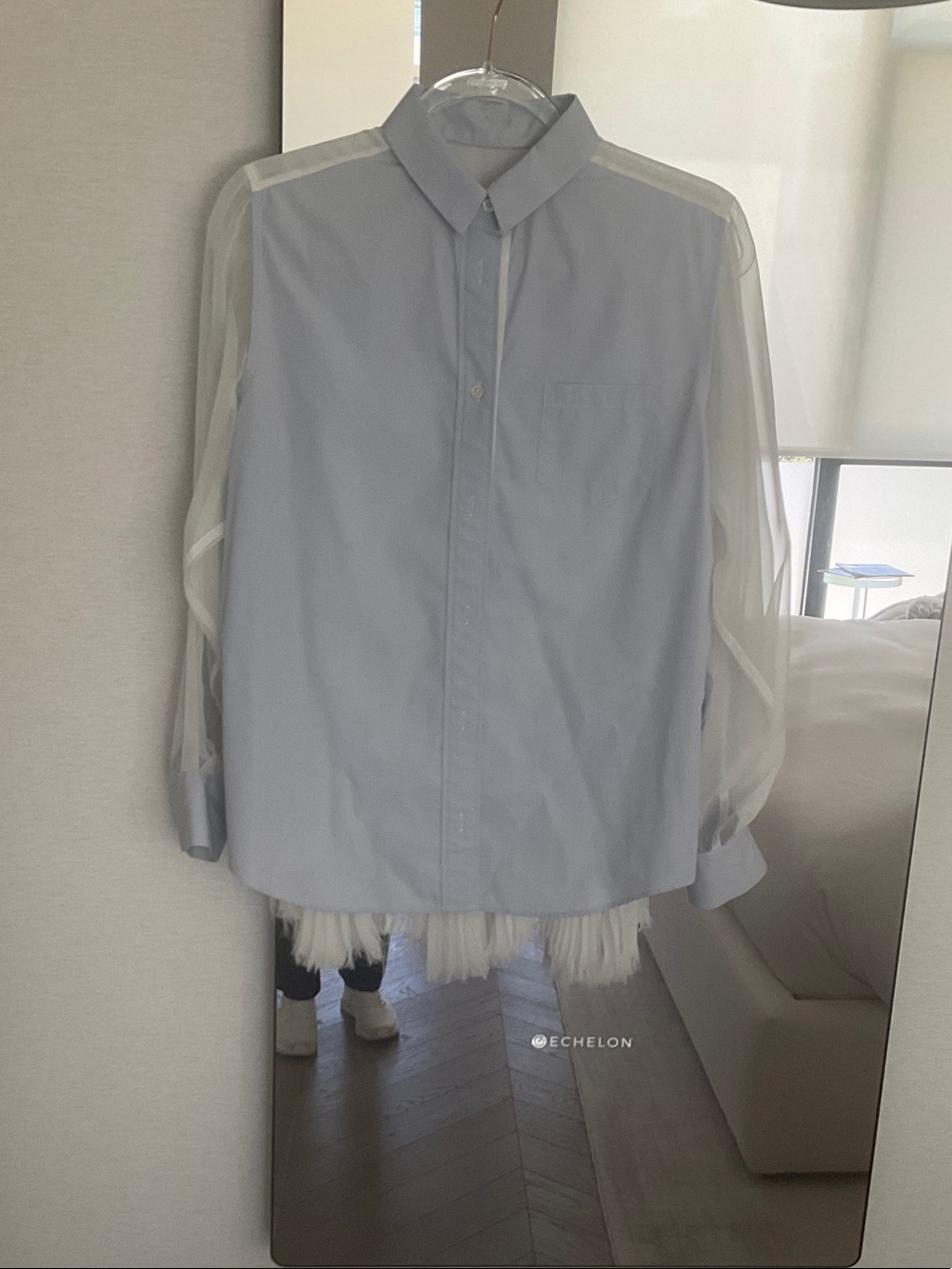 Light Blue Button-Down Shirt with Sheer Sleeves